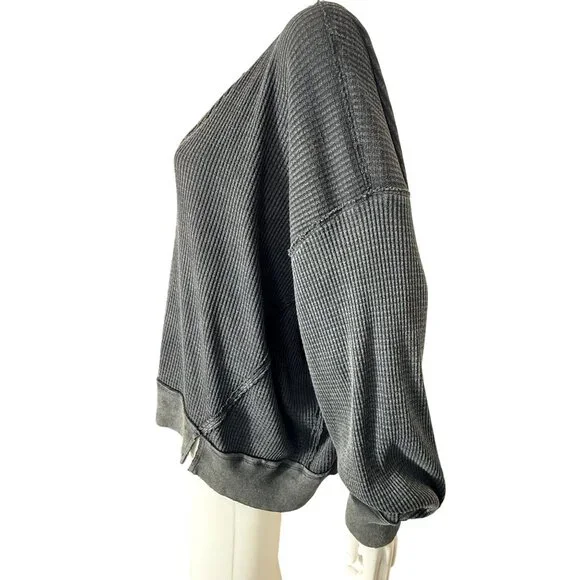 We The Free Buttercup Waffle Knit Pullover Womens S Black Cotton Blend V Neck - Picture 3 of 14